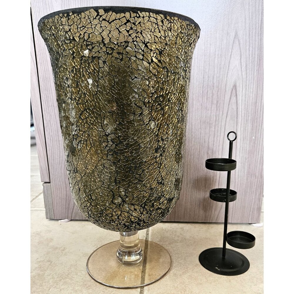 PARTYLITE Siena Hurricane Lamp Pear Green with Tealight Tree Black EUC NLA
